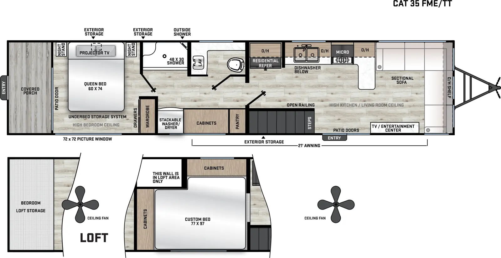 The Catalina Destination Series 35FME floorplan has one entry and zero slide outs. Exterior features include: metal exterior and 21' awning. Interiors features include: loft, rear bedroom and front living.